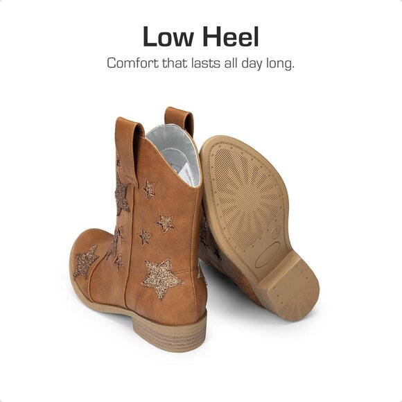 Girls Camel Cowgirl Mid Calf Glitter Western Boots Toddler Star Riding Shoes - Picture 4 of 6